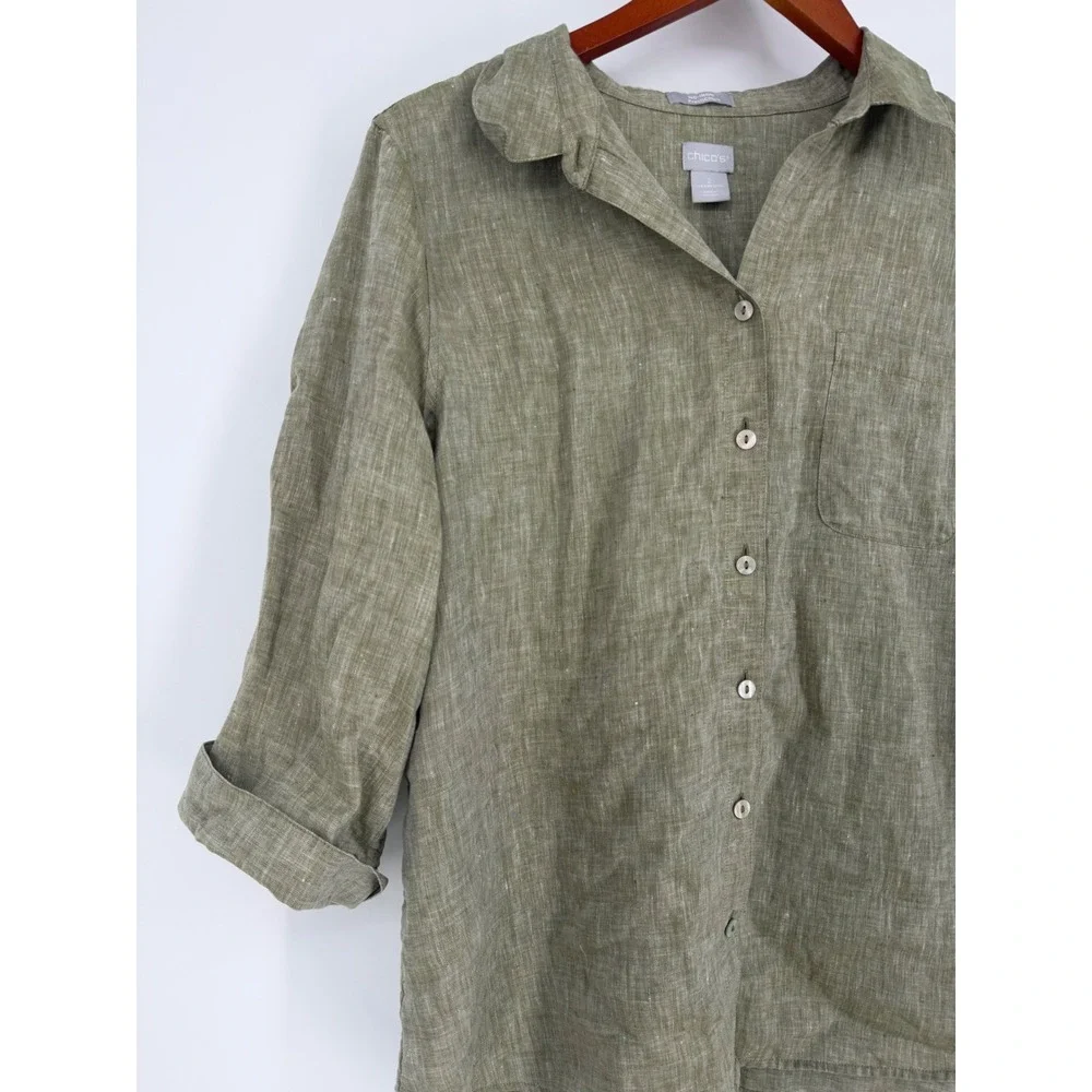 Chicos Womens Linen Button Down Shirt 12 14 2 Lagenlook Coastal Chic Boho - Picture 3 of 11